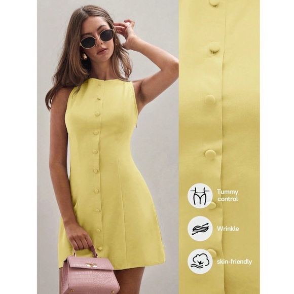 Yellow Short Button Through Mini Dress Sleeveless - Picture 7 of 8